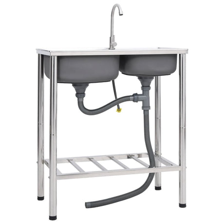 Vidaxl campinggootsteen dubbele bakken met kraan roestvrij staal