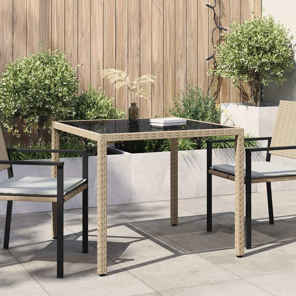 Vidaxl tuintafel 90x90x75 cm gehard glas en poly rattan beige