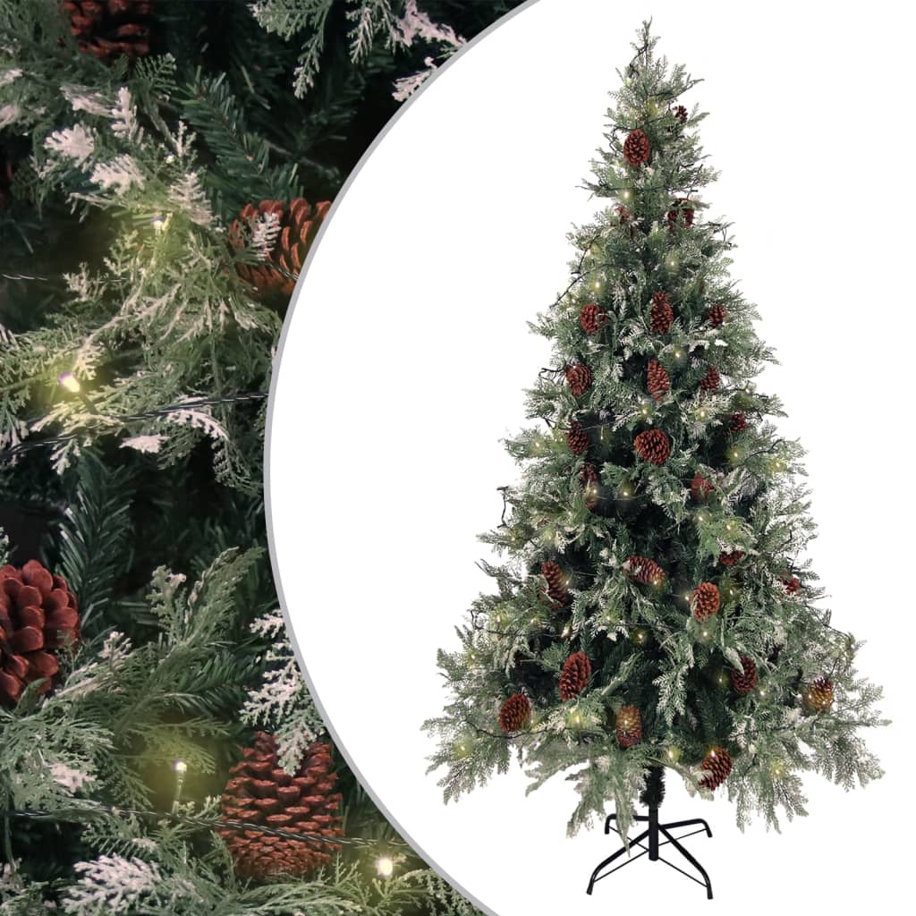 VidaXL Kerstboom met LED en dennenappels 225 cm PVC en PE groen en wit