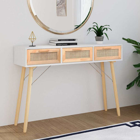 Vidaxl wandtafel 105x30x75 cm massief grenenhout en natuurlijk rattan