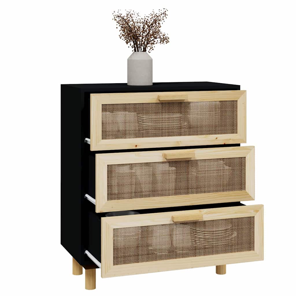 Vidaxl dressoir 60x30x70 cm massief grenen hout en rattan zwart