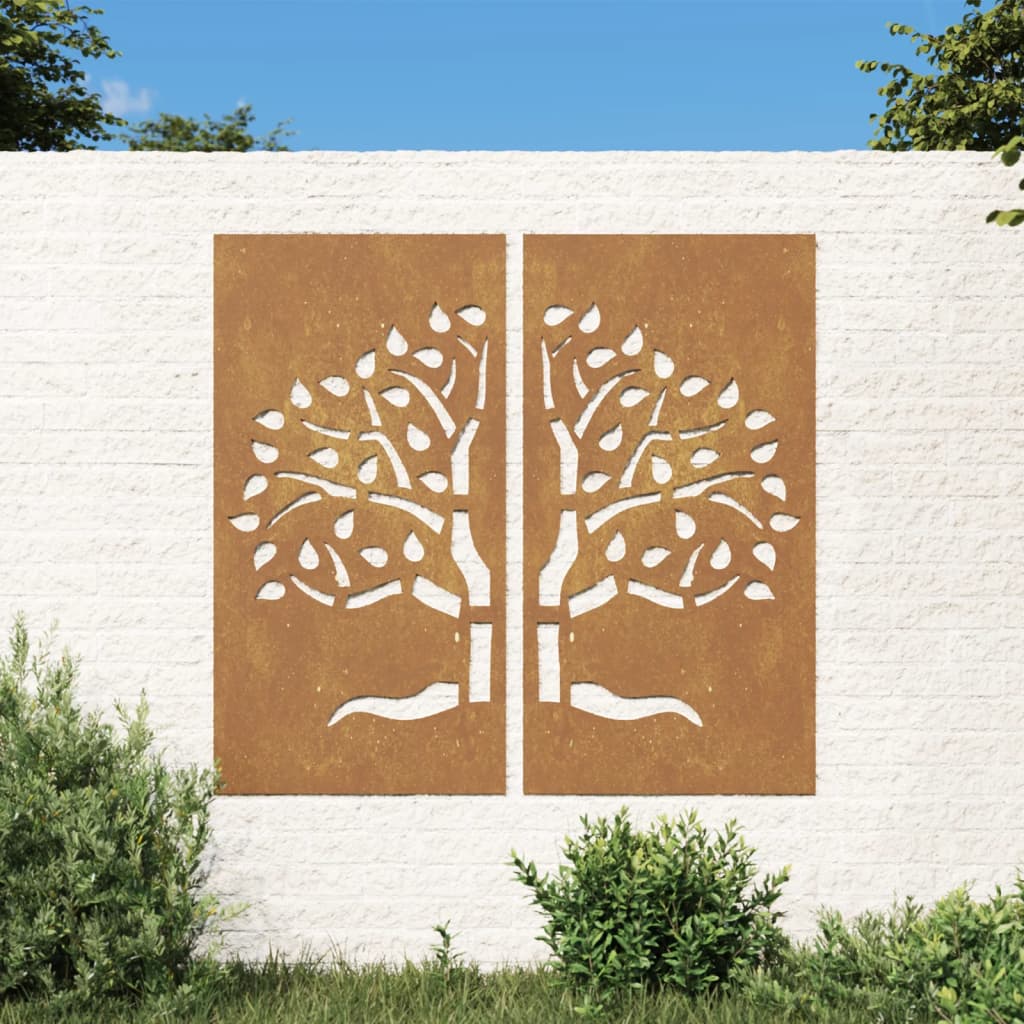 Vidaxl wanddecoratie tuin 2 st boomontwerp 105x55 cm cortenstaal