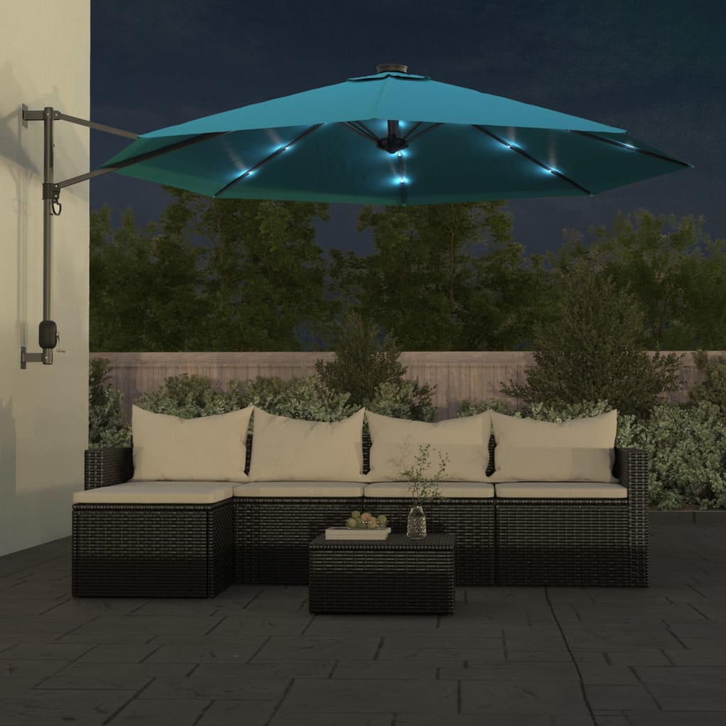 Vidaxl wandparasol met leds 290 cm zeeblauw