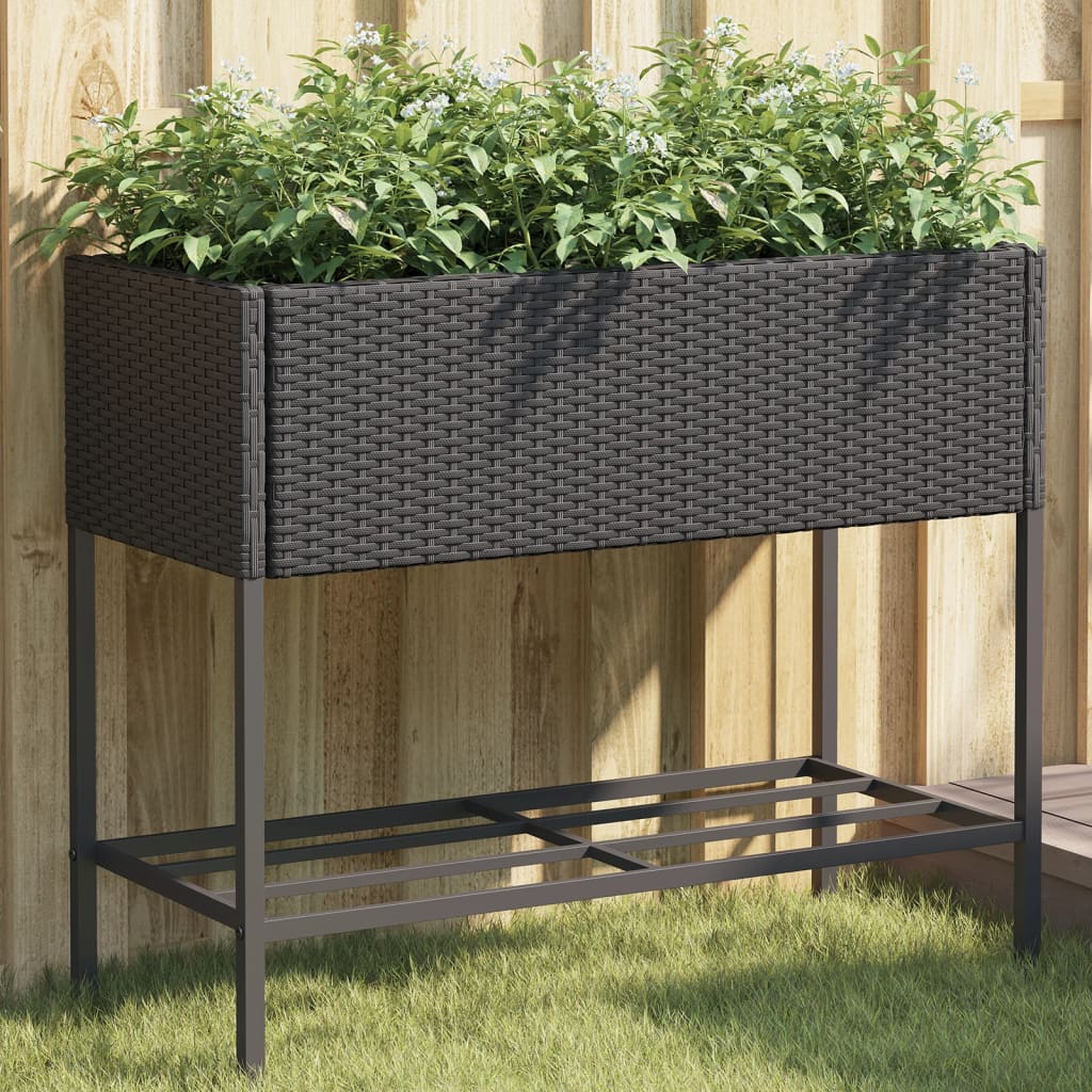 Vidaxl plantenbak met schap poly rattan zwart