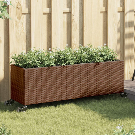Vidaxl plantenbak met wielen 3 potten 107x32x38 cm poly rattan bruin