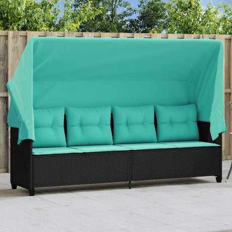 Vidaxl ligbed met luifel en kussens poly rattan zwart