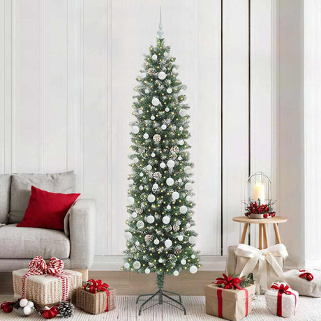 Vidaxl kunstmatige slanke kerstboom met 300 led groen en wit 210 cm