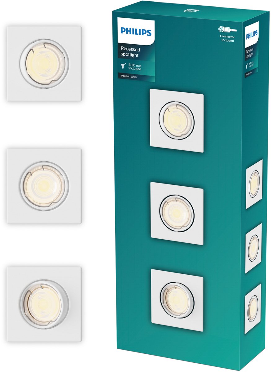 Philips led philips peridot inbouwspot - gu10 fitting - wit - vierkant - richtbare spot - 3-pack