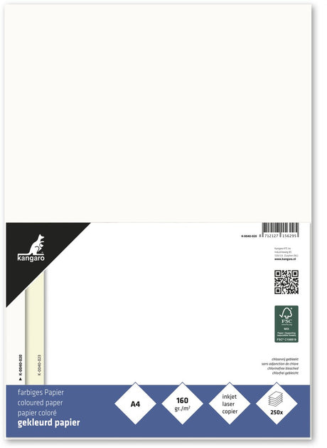 Merkloos sans marque kangaro gekleurd papier - formaat a4 - 160 grams - roomwit - pak 250 vel
