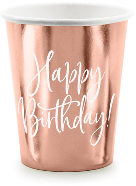 Partydeco 6 happy birthday mokken rosé goud 260ml