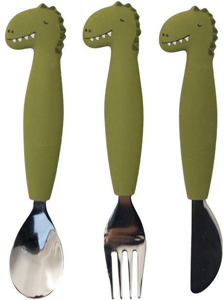 Trixie baby bestek - mr. dino - eetset met lepel, vork en mes - babybestek van siliconen - geschikt voor de vaatwasser