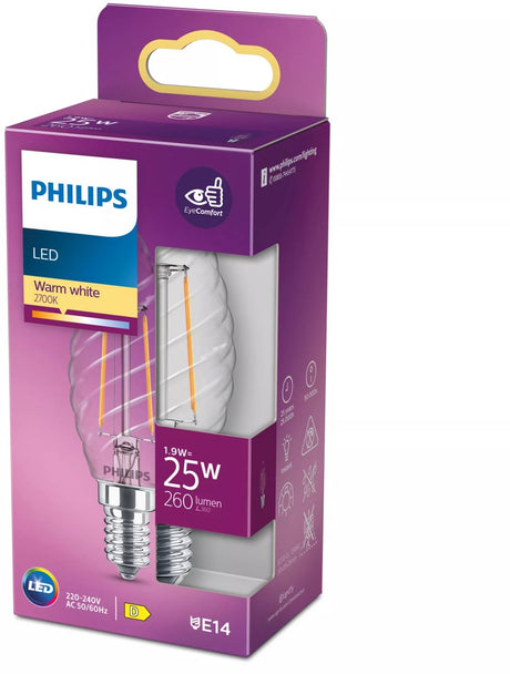 Philips led lamp - kaarslamp met e14 fitting - warmwit licht: 2700k - 25w - helder geribbeld glas
