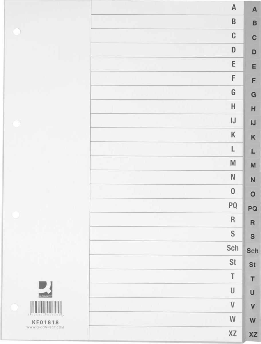 Q-connect alfabetische tabbladen, a4, pp, met indexblad, 24 tabs, grijs