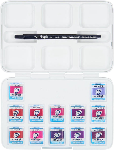 Van gogh aquarelverf pocket box roze en violetten met 12 kleuren in halve napjes
