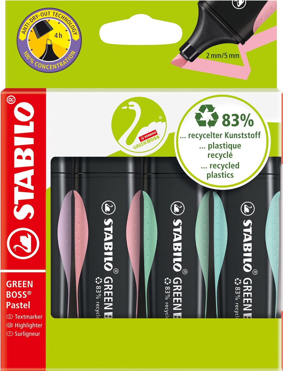 Stabilo green boss pastel - markeerstift - set met 4 stuks
