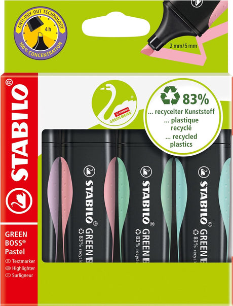Stabilo green boss pastel - markeerstift - gemaakt van 83% gerecycled plastic - etui met 4 kleuren