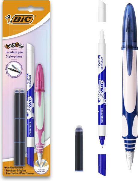 Bic easy clic ergonomische vulpen - roze of blauw- rechts- of linkshandig - 1 vulpen met inktwisser en 6 inktpatronen