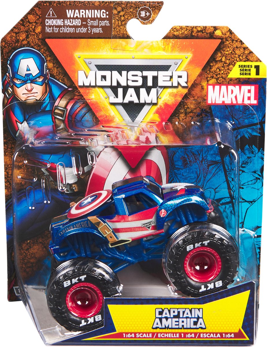 Monster jam hot wheels truck marvel captain america - monstertruck 9 cm schaal 1:64