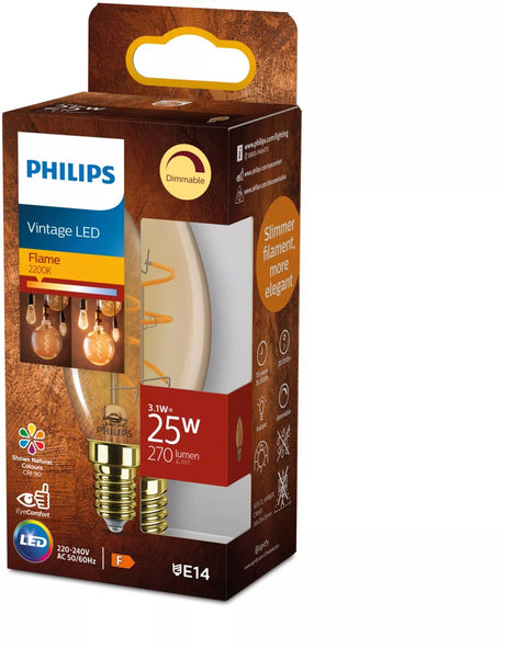 Philips led philips vintage led - dimbare lamp - 25w - extra warmwit licht: 2200k - e14 fitting - amberkleurig glas - kaarslamp