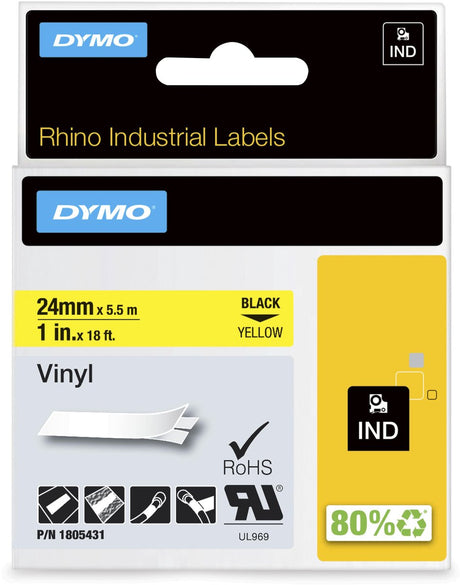 Dymo rhino industriële vinyl labels | 24 mm x 5,5 m | zwarte afdruk op geel | zelfklevende labels voor rhino labelmanager labelprinters