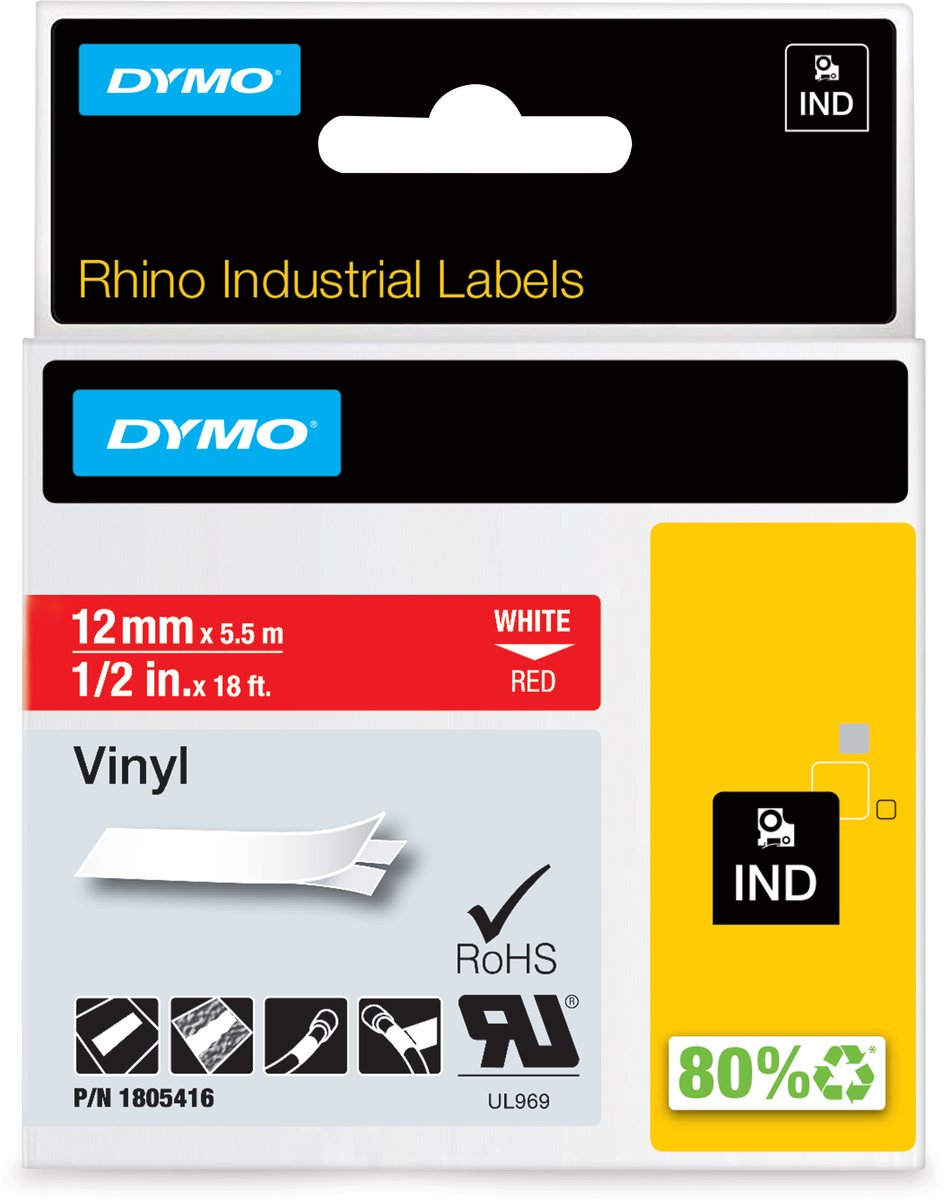 Dymo rhino industriële vinyl labels | 12 mm x 5,5 m | witte afdruk op rood | zelfklevende labels voor rhino labelmanager labelprinters