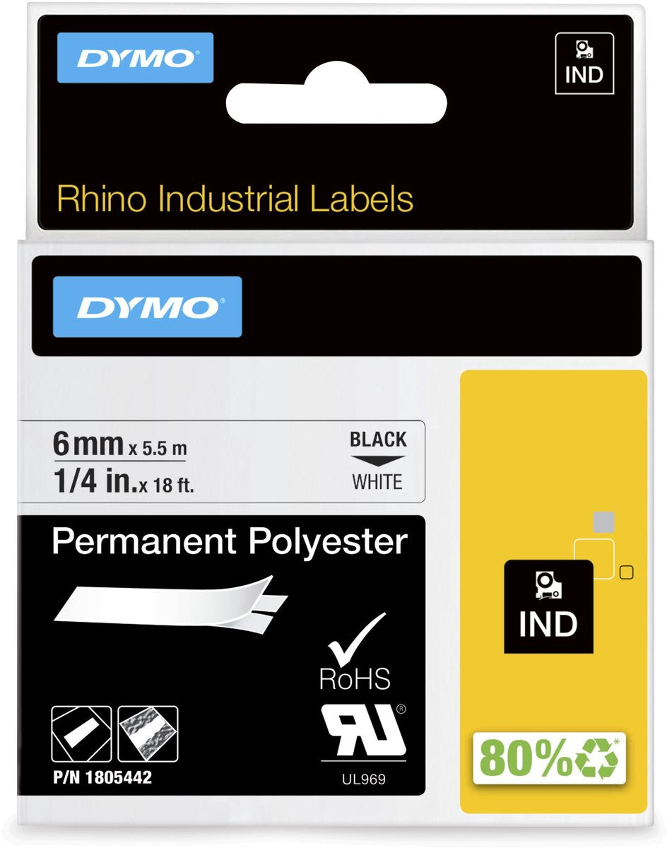 Dymo rhino industriële labels | permanent polyester | 6 mm x 3,5 m | zwarte afdruk op wit | zelfklevende labels voor rhino labelmanager labelprinters