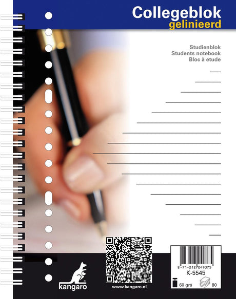 Kangaro collegeblok a5 17-gaats 60grs 80 blad gelinieerd. 5 stuks k-5545-5