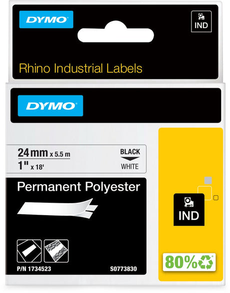 Dymo rhino industriële labels | permanent polyester | 24 mm x 3,5 m | zwarte afdruk op wit | zelfklevende labels voor rhino labelmanager labelprinters