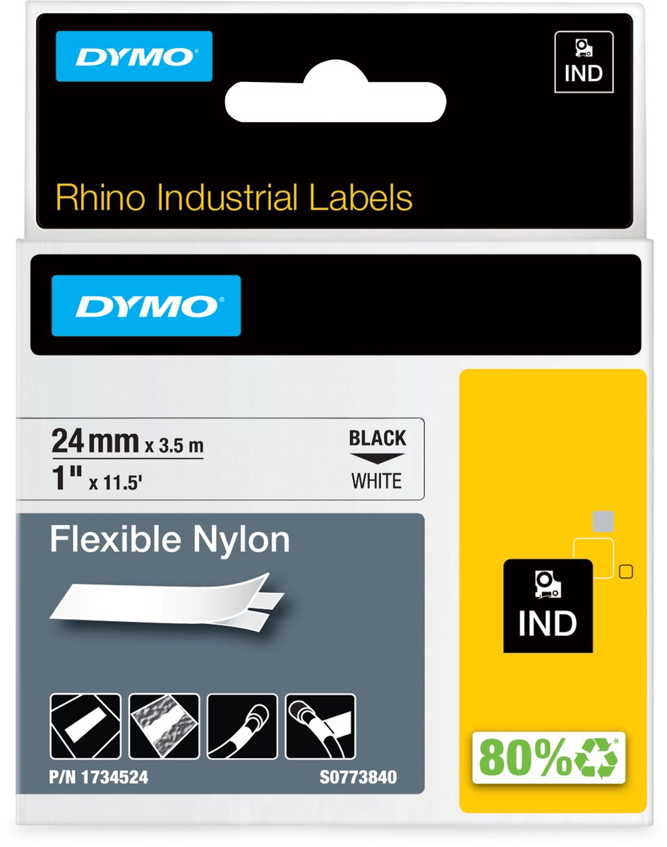Dymo rhino industriële flexibele nylon labels | 24 mm x 3,5 m | zwarte afdruk op wit | zelfklevende labels voor rhino labelmanager labelprinters
