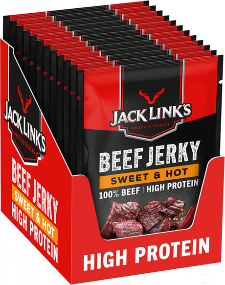 Jack link's sweet hot beef jerky - high protein - 100% beef - hoog in eiwitten - ideale proteine snack - voor tussendoor, onderweg of voor het sporten - 12x60g