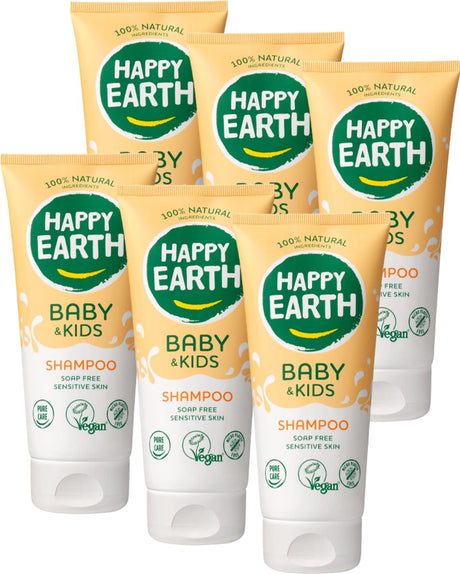 Happy earth bundel shampoo baby kids - 100% natuurlijke ingrediënten - microplasticvrij - 0% sls sles - babyverzorging – met plantaardige huidverzachter – geschikt voor pasgeborenen – 6 x 200ml - voordeelverpakking