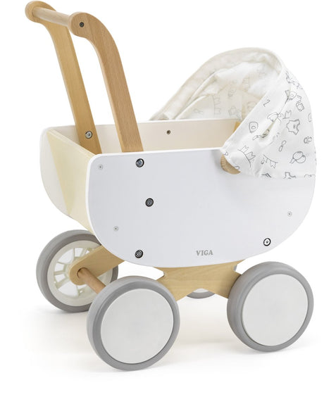 Viga toys® - poppenwagen met verstelbare stoffen kap - wit