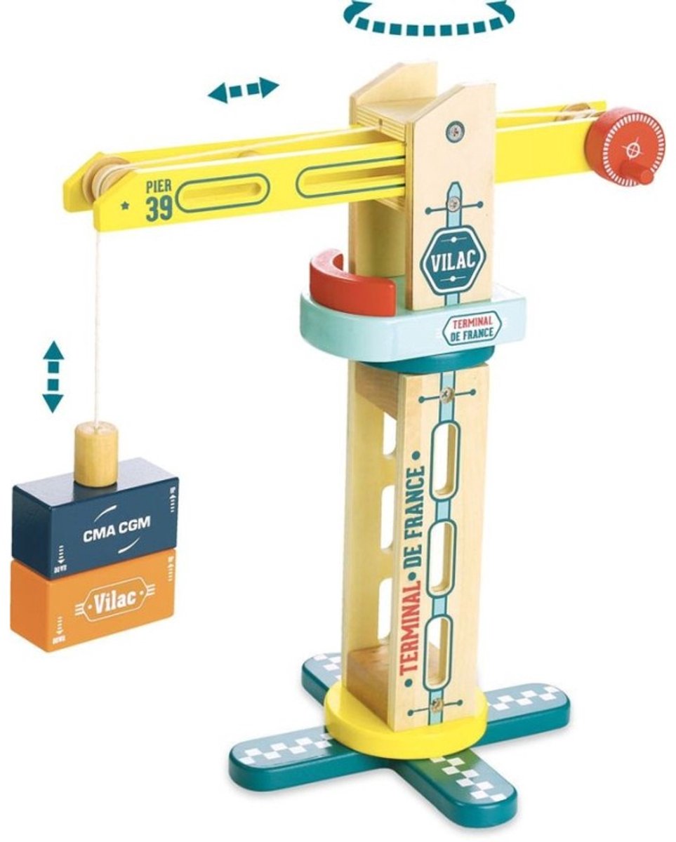 Vilac - houten hijskraan met magnetische containers - 34 cm hoog - hout