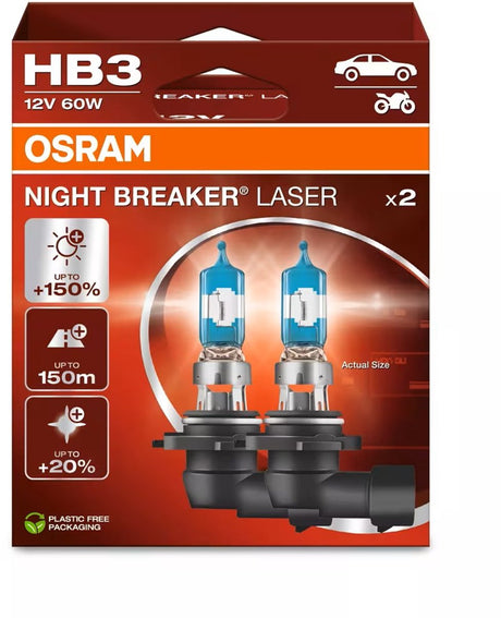 Osram night breaker laser - 9005 hb3 halogeen autolampen – tot 150% meer licht en 150m zicht - 9005nl-2hb - set 2 lampen