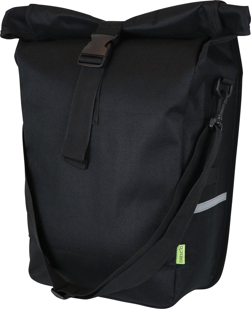 Dresco enkele fietstas leisure – inhoud 18 liter - waterafstotend nylon – twee bevestigingshaken – afsluitbare rolsluiting - verstelbare schouderriem – bevestigingsmogelijkheid draagbare lampjes - reflecterende accenten - afmeting 48x30x15cm