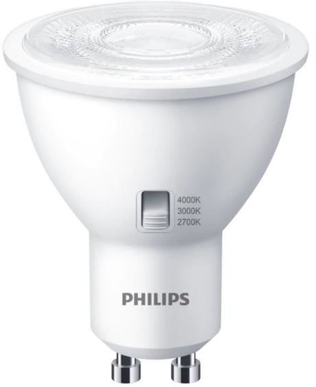Philips led gu10 4.8w - instelbare lichtkleur cct-switch 2700k 3000k 4000k - 36° - dimbaar | gu10 | extra warm wit-warm wit-koel wit | 4.8 watt | 15.000 branduren