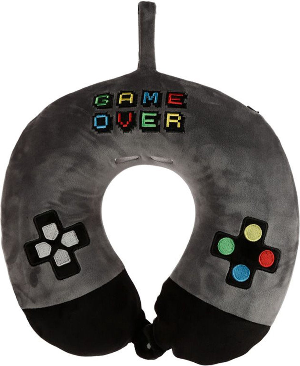 Puckator nekkussen met ophanglus voor kinderen - game over - grijs - polyester - reiskussen voor onderweg