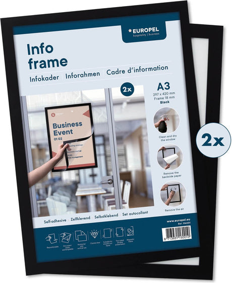 Europel wissellijst zelfklevend – posterlijst – magnetisch frame – a3 – 29,7 x 42 cm – set van 2 stuks – zwart