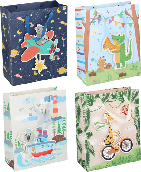 Merkloos sans marque cadeautas voor kinderen met handvat – geschenkzak voor cadeaus – papieren cadeautas met dieren illustraties – cadeauverpakking voor verjaardag of kinderfeestje – 1 willekeurige variant