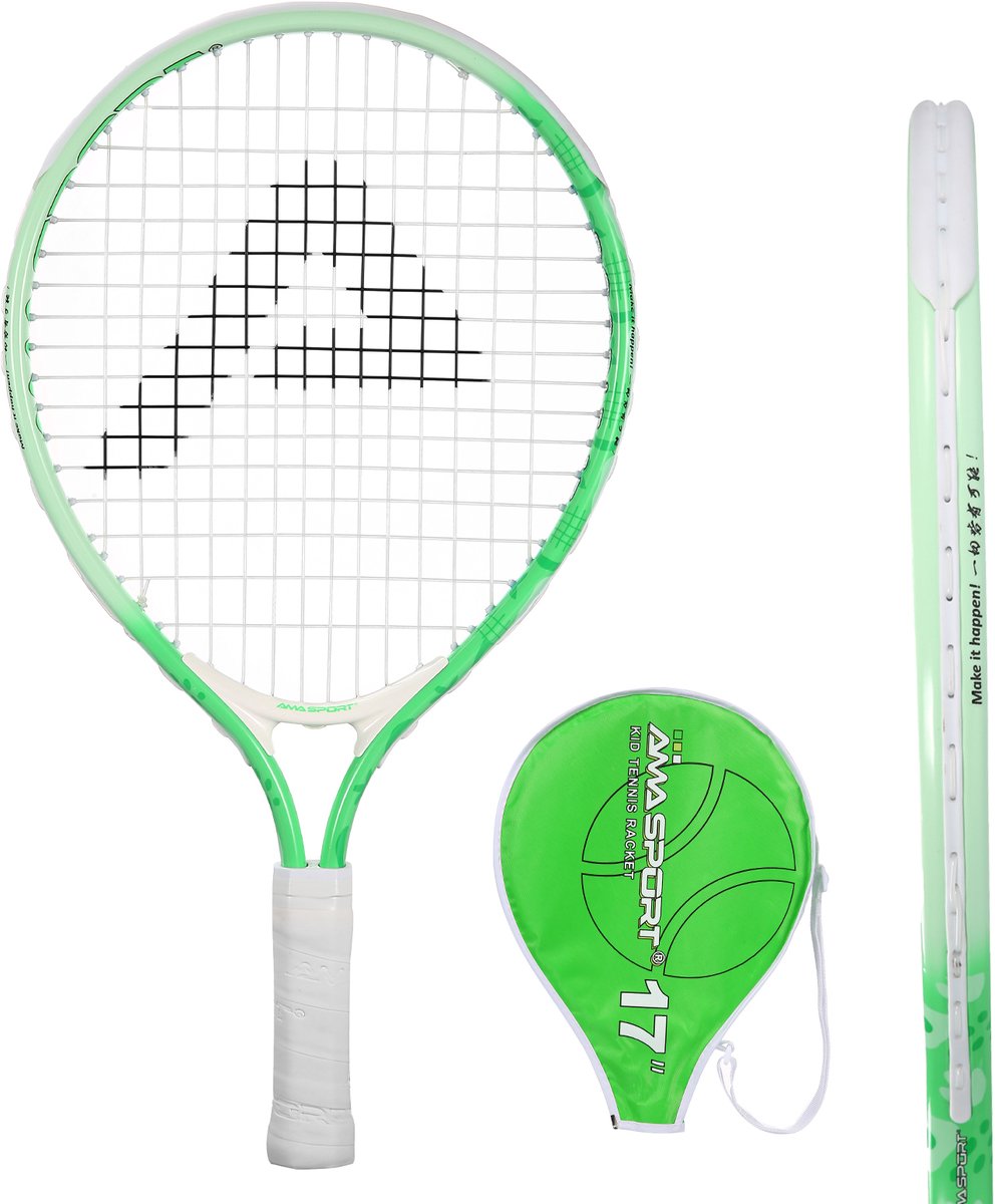 Ama sport kinder tennisracket groen 17 inch – lichtgewicht junior racket met tas – ideaal voor beginners –