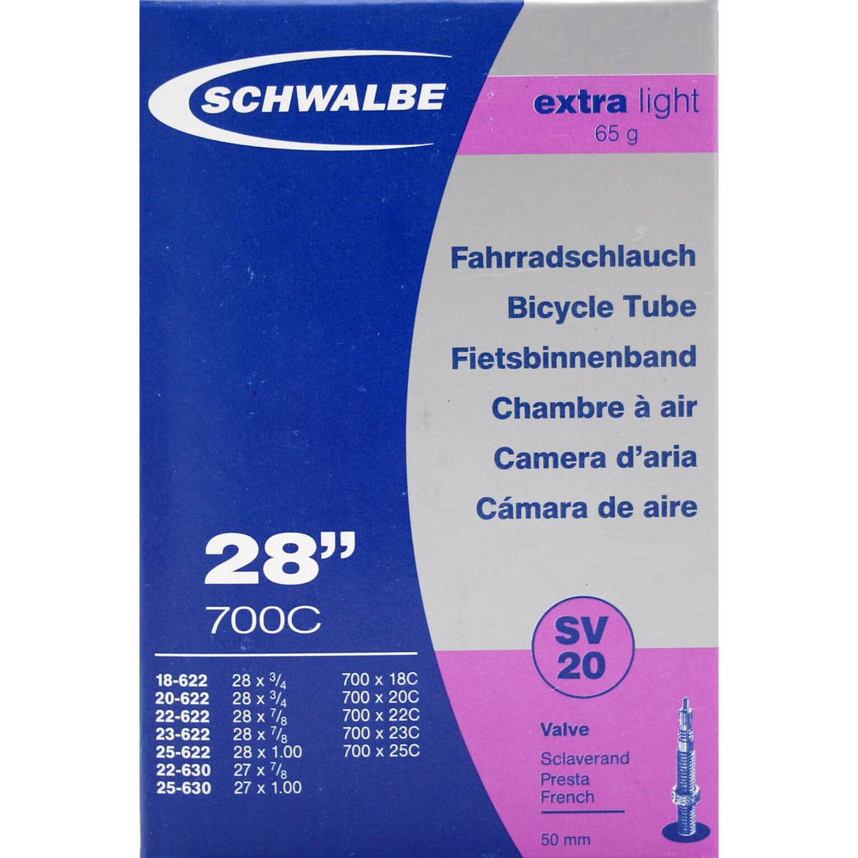 Schwalbe Binnenband sv20 50mm 28inch 18 25-622 630 extra licht 81gr