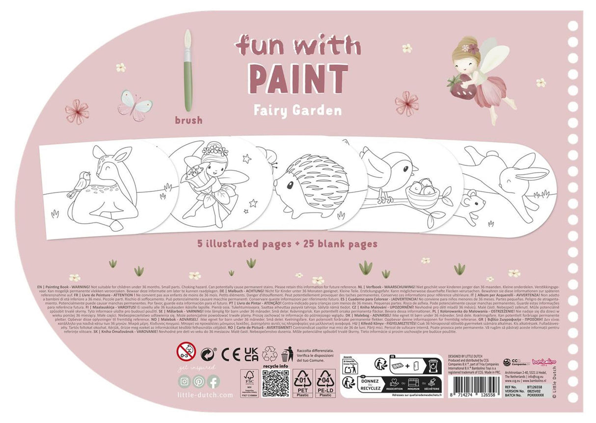 Little dutch verfboek fairy garden - knutselboek tekenen en schilderen, incl kwast en 4 kleuren verf - peuter kleuter - vakantieboek - speelgoed 3 jaar