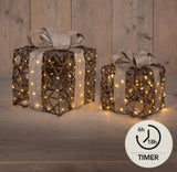 Anna's collection verlichte cadeaudoosjes set van 2 50 led classic warm 15x15x17cm 20x20x23cm werkt op 3xaa batterijen met timer