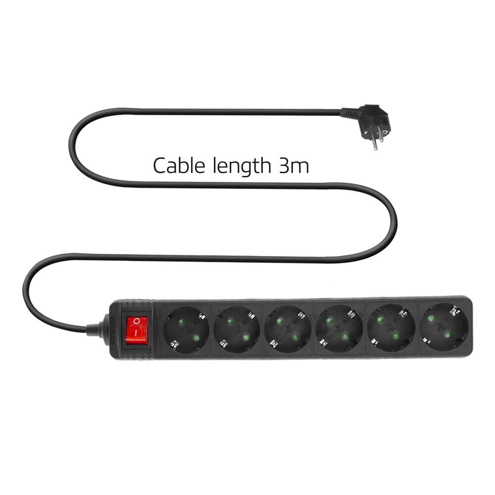 Act stekkerdoos met lichtgevende schakelaar, 6 sockets, 3 m, zwart ac2465