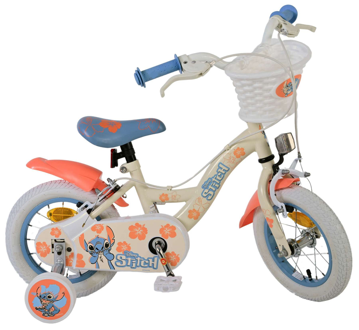 Stitch disney kinderfiets - meisjes - 12 inch - twee handremmen - crème koraal blauw