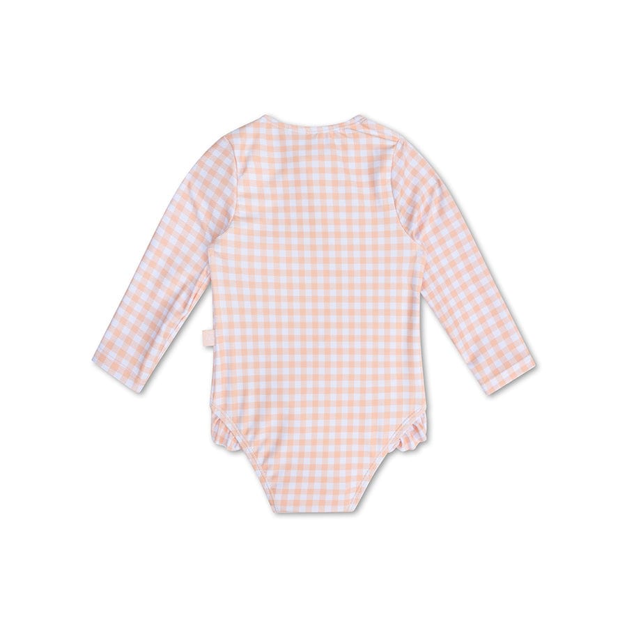 Sunset grid | oranje wit meisjes uv badpak met lange mouwen