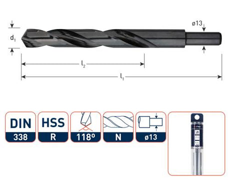 Rotec spiraalboor din338 hss-r 22.5mm afgedraaid