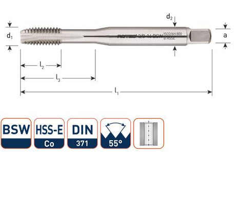 Rotec machinetap din371 3 8 bsw doorlopend