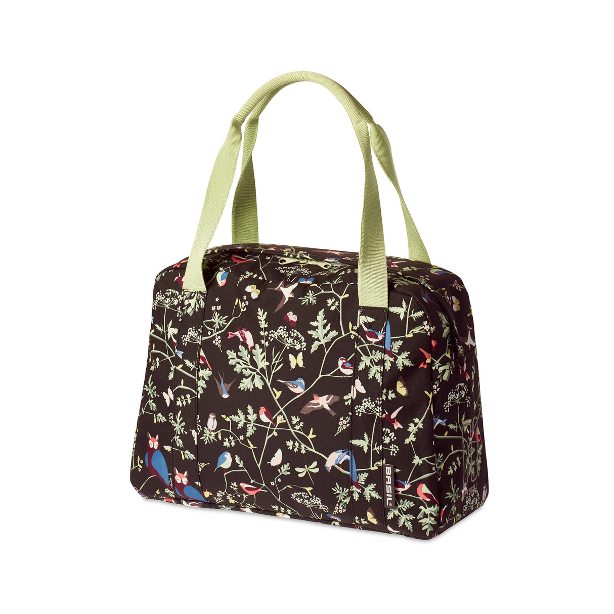 Basil Wanderlust Carry All Bag - zwarte fietshandtas met kleurrijke vogelprint
