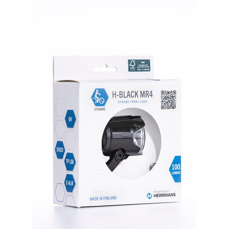Koplamp Herrmans H-Black MR4 dynamo - aan uit functie - met houder - 100 120 lumen